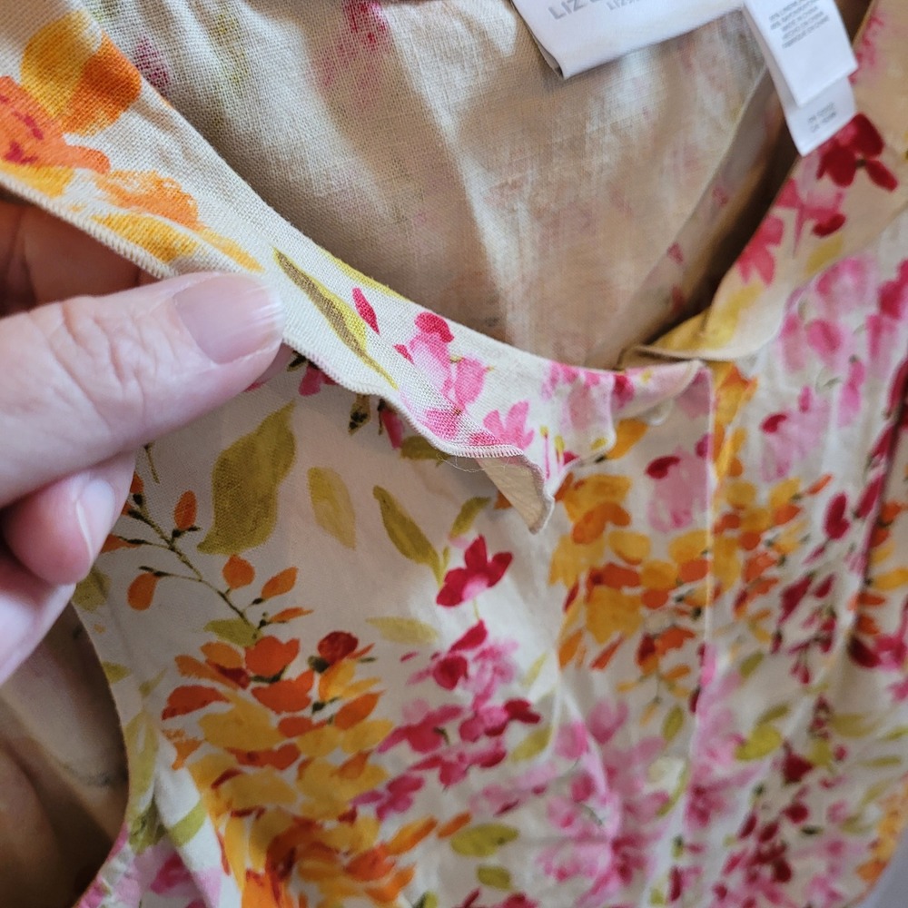 Watercolor Floral Women Top Large Ruffle Linen Blend Button Up Cottagecore 21973 - Picture 6 of 11